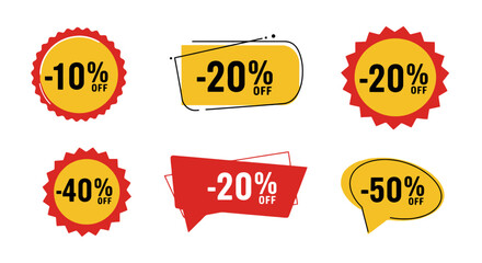 Set of flat discount labels in red and yellow with “-10%”, “-20%”, “-50%” text
