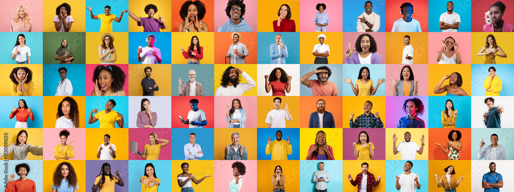 Poster a vibrant collage features a diverse group of individuals expressing various emotions and engaging i