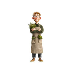Happy Cartoon Gardener with Plants