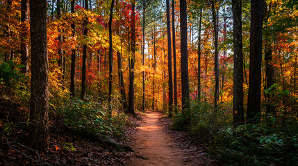 Obraz premium Forest Trail Through Maple Trees In Georgia Piedmont, Ideal For Seasonal Advertising And Brochures