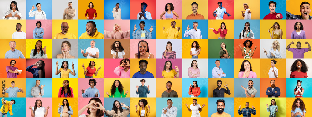 Poster a colorful collection showcases diverse individuals expressing happiness and connection. this portra