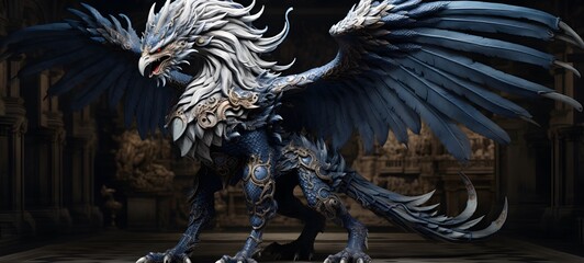 white griffin in Delfts Blauw, ai generative