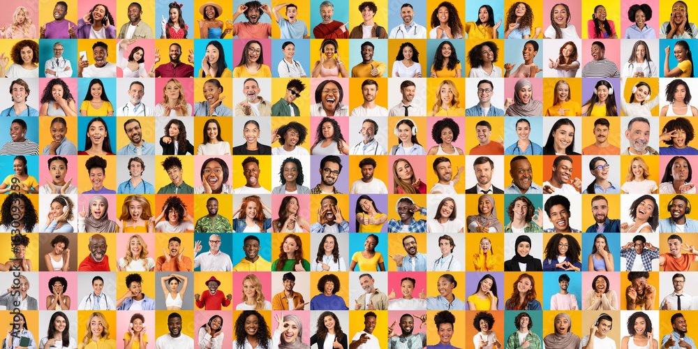Poster a lively collection of diverse individuals showcases various facial expressions and styles. this vib