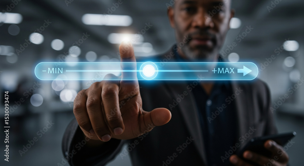 Aufkleber businessman adjusting a futuristic digital slider from minimum to maximum. concept of performance, c