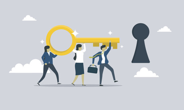 Group people bring the key of success, key to success, open the success, reach the success, business person reach the opportunity to become success in business industry, teamwork help company achieve.