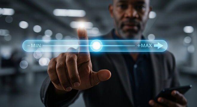 Businessman adjusting a futuristic digital slider from minimum to maximum. Concept of performance, control, optimization, or user interface in a modern tech environment - Powered by Adobe