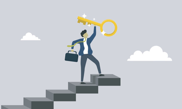 Businessman climb up stair to the top to reaching to grab the key of success, reach the success, never give up, consistent is a key, opportunity to become success, hope to success in business.
