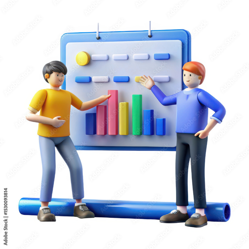 Fototapete 3d cartoon characters analyzing colorful bar chart isolated on white background