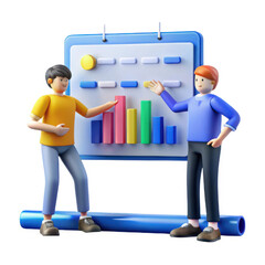 3d cartoon characters analyzing colorful bar chart isolated on white background