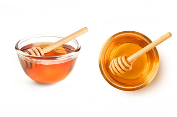 Honey in a glass bowl isolated on white background.
