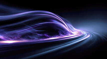 Surreal waves of purple light swirl and shimmer against a deep black background, creating an ethereal atmosphere. The vibrant colors and flowing patterns capture the essence of cosmic beauty.