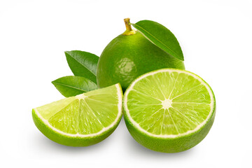 Fresh lime with cut in half and leaves isolated on white background.