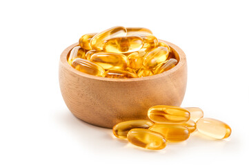 Bowl of fish oil capsule  isolated on white background.