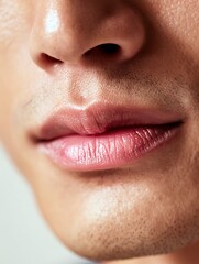 Close-up of Asian man's natural lips, smooth texture, healthy pink tone, clean white background.