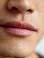 Fototapeta premium Close-up of Asian man's natural lips, smooth texture, healthy pink tone, clean white background.