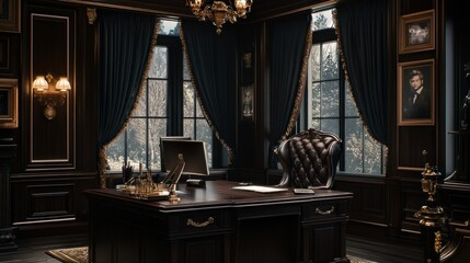 A dark luxurious office interior with a detailed antique desk