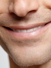 Obraz premium Close-up of smiling male lips, soft lighting, light skin glow, clean and bright tone.