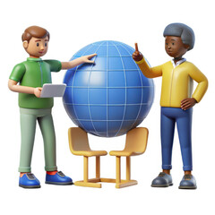 3d cartoon characters presenting a globe isolated on white background