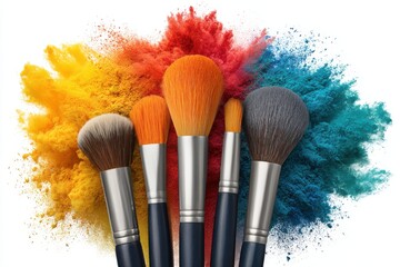 Makeup brushes with colorful powder on white background