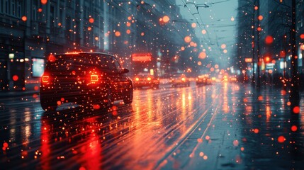 Fototapeta premium Cars on Wet City Street at Night with Red Light Reflections