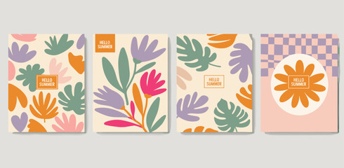 Creative concept of spring summer cards set with abstract leaves, plants, flowers. Modern art minimalist style design templates for celebration, ads, branding, banner, cover, label, poster, print