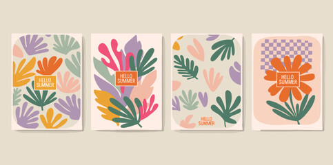 Creative concept of spring summer cards set with abstract leaves, plants, flowers. Modern art minimalist style design templates for celebration, ads, branding, banner, cover, label, poster, print