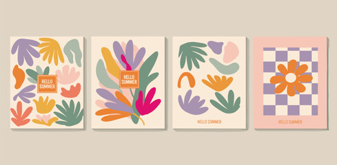 Creative concept of spring summer cards set with abstract leaves, plants, flowers. Modern art minimalist style design templates for celebration, ads, branding, banner, cover, label, poster, print