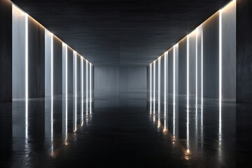 Illuminated Tunnel: A futuristic, minimalist concrete tunnel is illuminated by vertical lights, creating an endless and reflective perspective.