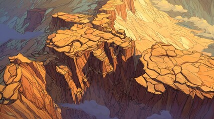 Dramatic canyon landscape with layered rock formations and shadows at sunset.