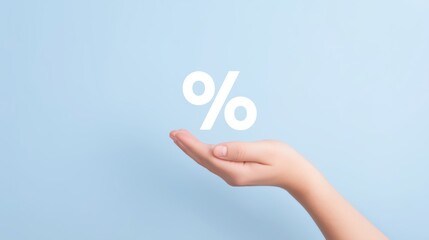 Hand offers percentage symbol on light blue background while conveying a sense of finance or discount concept.