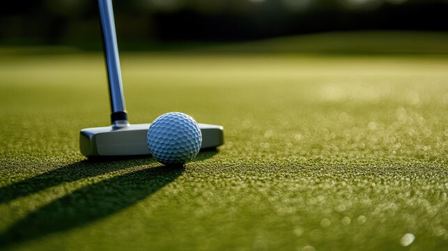 A close-up of a putter aligned with a golf ball on the green, highlighting the precision of a golfer