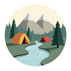 Camping scene with mountains and river illustration