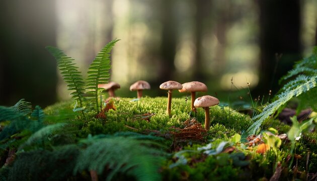 fuzzy forest floor with tiny mushrooms and ferns greenery nature elements - Powered by Adobe