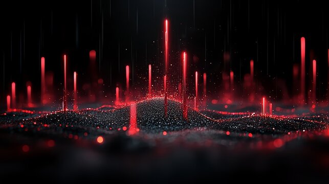 Black and red background with many red lines and dots. The red lines and dots are scattered all over the background, creating a sense of chaos and confusion. Scene is intense and overwhelming
