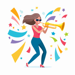 Cartoon vector of a funky trumpet player wearing sunglasses and a bright outfit, dancing while playing, with party energy and dynamic shapes