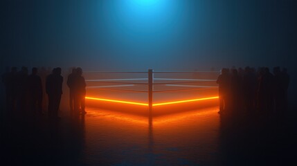 Exciting wrestling match atmosphere at night with glowing ring and enthusiastic crowd.