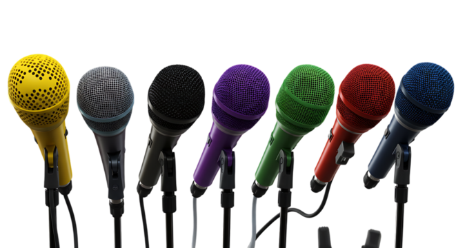 Six colorful microphones on stands isolated on white background