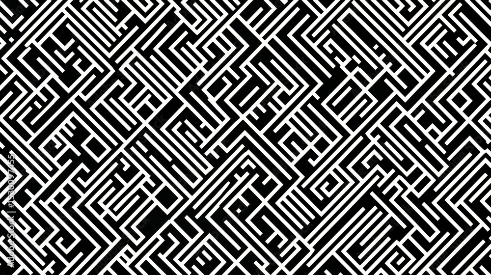 Poster black and white maze pattern with a white lettering. the maze is made up of squares and rectangles