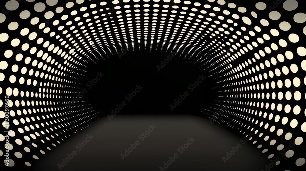 Poster Black and white photo of a tunnel with a white background. The tunnel is empty and the only light source is the white background