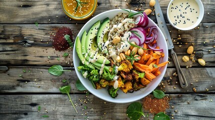 Nutritious Buddha Bowl Food Photography on Dark Background. Vibrant healthy meal with fresh ingredients perfect for diet programs, vegan restaurant menus and organic product packaging designs