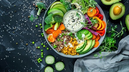Nutritious Buddha Bowl Food Photography on Dark Background. Vibrant healthy meal with fresh ingredients perfect for diet programs, vegan restaurant menus and organic product packaging designs