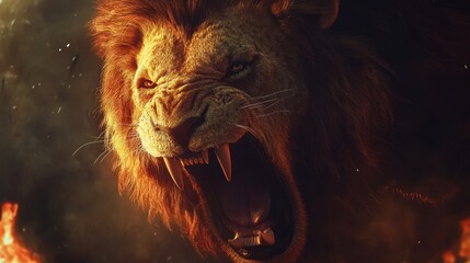 Lion roaring, fiery backdrop