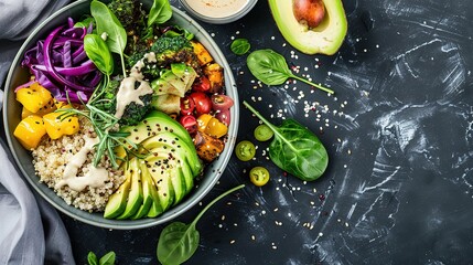 Nutritious Buddha Bowl Food Photography on Dark Background. Vibrant healthy meal with fresh ingredients perfect for diet programs, vegan restaurant menus and organic product packaging designs