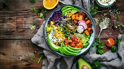 Nutritious Buddha Bowl Food Photography on Dark Background. Vibrant healthy meal with fresh ingredients perfect for diet programs, vegan restaurant menus and organic product packaging designs