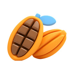 3D rendering of a cacao pod split open exposing the rich chocolate seeds