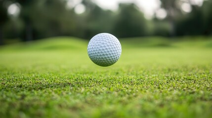 Obraz premium Golf ball mid-flight captured over lush fairway during an intense game moment