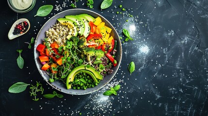 Nutritious Buddha Bowl Food Photography on Dark Background. Vibrant healthy meal with fresh ingredients perfect for diet programs, vegan restaurant menus and organic product packaging designs