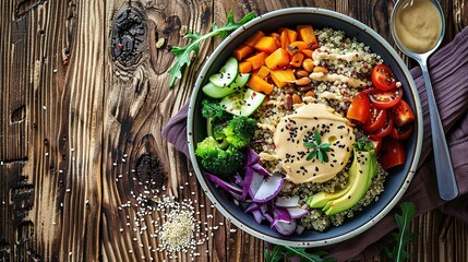 Nutritious Buddha Bowl Food Photography on Dark Background. Vibrant healthy meal with fresh ingredients perfect for diet programs, vegan restaurant menus and organic product packaging designs