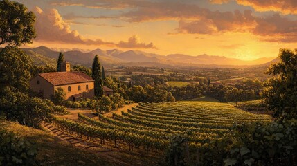 California Vineyards. Sunset Views of Sonoma Vinery and Winery amidst Green Vine-Growing Fields