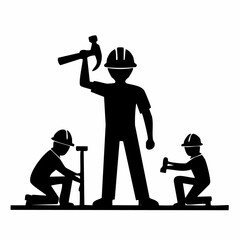 Obraz premium Silhouette illustration of construction workers with hammers, tools, and hard hats